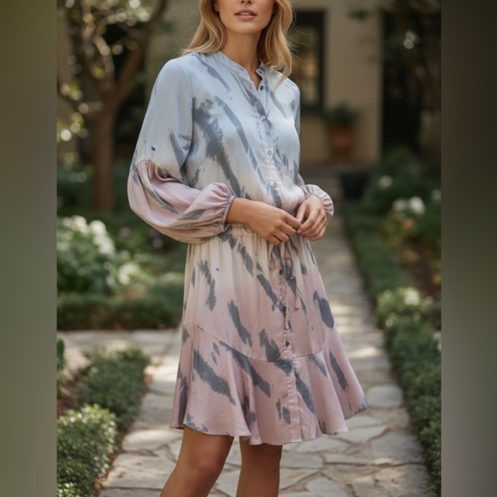 VICI Tie-Dye NWOT Button-Up Long Sleeves Tie Waist Dress Size L